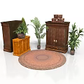 Classic Wooden Cabinets With Potted Plants And Round Rug In Home Interior