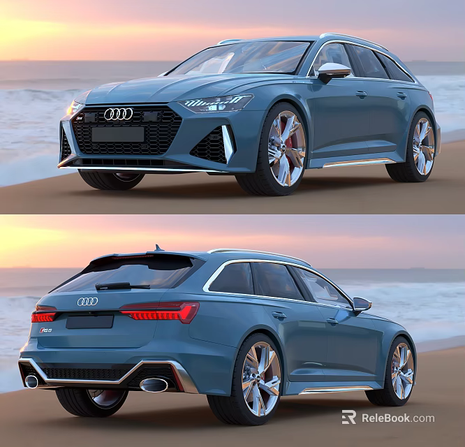 Blue Audi Wagon With Beach Sunset Background And Sporty Exterior Design 3d model 
