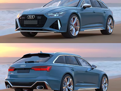 Blue Audi Wagon With Beach Sunset Background And Sporty Exterior Design 3d model
