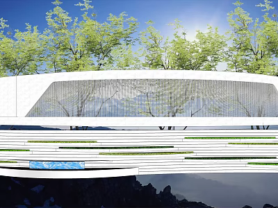 Modern Building Facade Design With Curved White Structure And Surrounding Green Trees 3d model