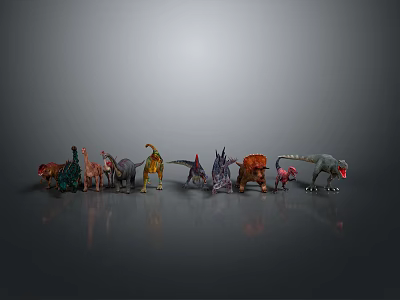 Assorted Colorful Dinosaur Toy Figures Lineup Featuring Various Species In Row 3d model