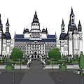 European Style Architecture Grand Castle With Spires Central Dome And Manicured Gardens