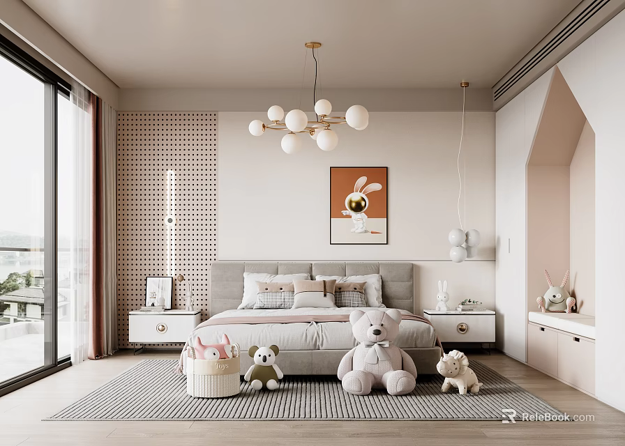 Cozy Modern Kids Bedroom With Plush Toys Chandelier And Wall Decor 3d model 