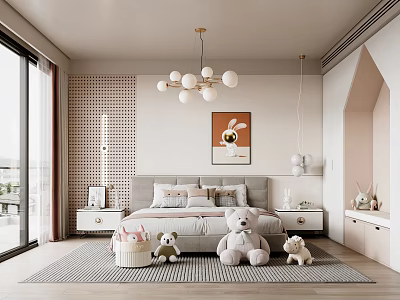 Cozy Modern Kids Bedroom With Plush Toys Chandelier And Wall Decor 3d model