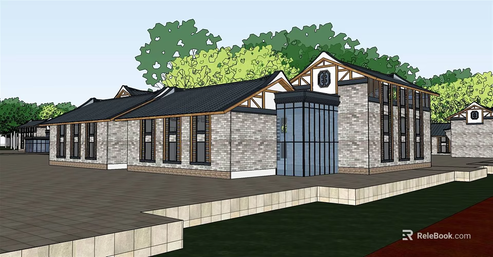Traditional Modern Commercial Street Featuring Brick Structure Black Roof Glass Doors And Green Trees 3d model 
