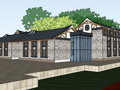 Traditional Modern Commercial Street Featuring Brick Structure Black Roof Glass Doors And Green Trees 3d model