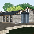 Traditional Modern Commercial Street Featuring Brick Structure Black Roof Glass Doors And Green Trees