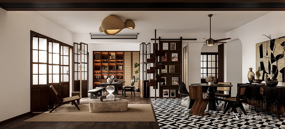 Modern Living Dining Room Interior With Wooden Shelves Patterned Rug And Pendant Lights 3d model 