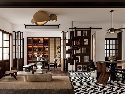 Modern Living Dining Room Interior With Wooden Shelves Patterned Rug And Pendant Lights 3d model