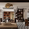Modern Living Dining Room Interior With Wooden Shelves Patterned Rug And Pendant Lights