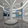 Modern Exhibition Hall Interior With Silver Metal Hand Sculpture Curved Structure And Blue White Walls