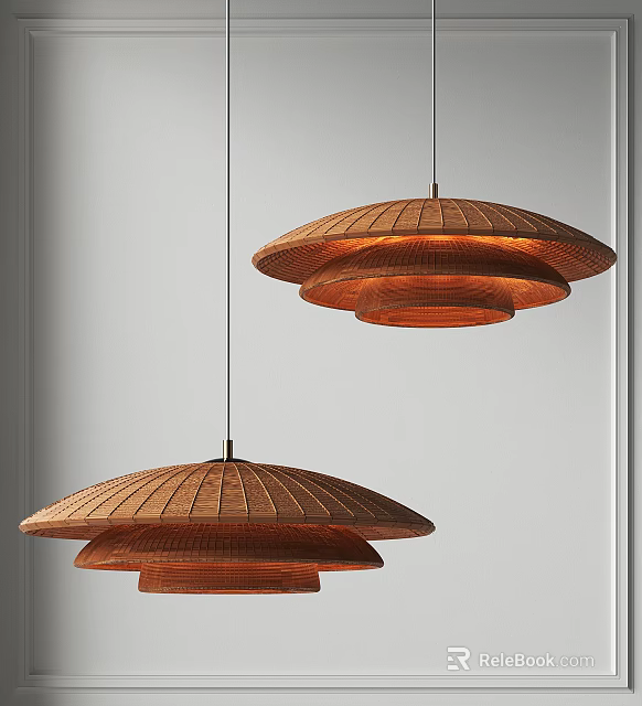 Two Minimalist Modern Rattan Pendant Lights With Layered Design In Warm Brown Interior 3d model 