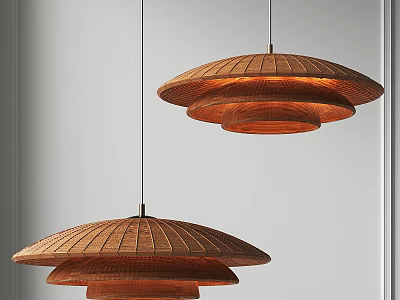 Two Minimalist Modern Rattan Pendant Lights With Layered Design In Warm Brown Interior 3d model