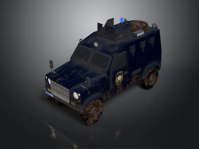 Dark Blue Police Armored Vehicle With Roof Mounted Blue Lights Body Emblem And Muddy Sturdy Design 3d model