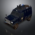 Dark Blue Police Armored Vehicle With Roof Mounted Blue Lights Body Emblem And Muddy Sturdy Design