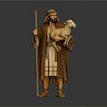 Man In Traditional Brown Robes Holding Lamb With Wooden Staff Wearing Sandals