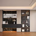 Modern Display Cabinet Interior Design Featuring Marble Backdrop Wooden Shelves And Ornaments