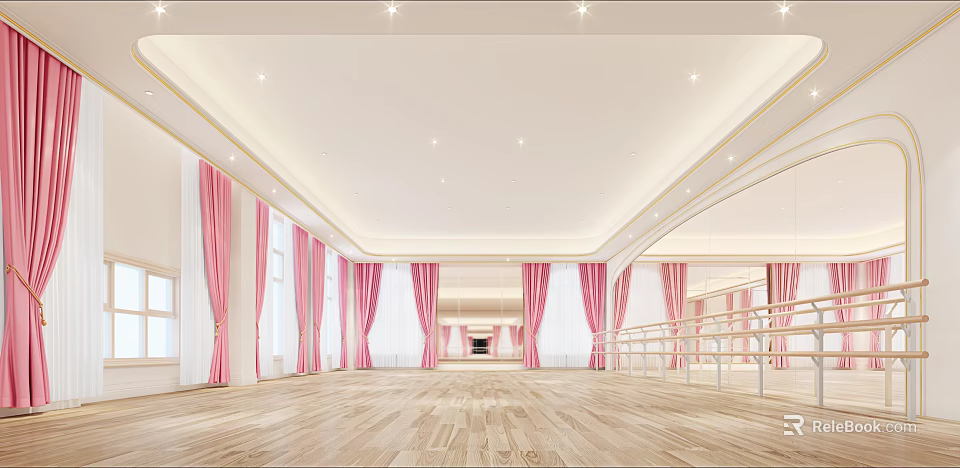 Spacious Dance Fitness Studio Interior With Pink Curtains Wooden Floors Mirrors And Barres 3d model 