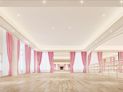 Spacious Dance Fitness Studio Interior With Pink Curtains Wooden Floors Mirrors And Barres 3d model