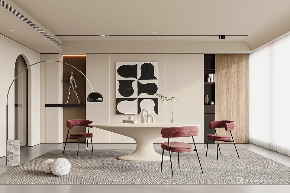 Modern Restaurant Interior With White Round Dining Table Red Chairs And Black White Geometric Artwork 3d model 