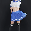 Young Woman In White Top With Blue Bow Tie And Blue Pleated Skirt