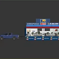 Modern Blue Pickup Truck With Mobile Kiosk Red Awning And Seating Setup