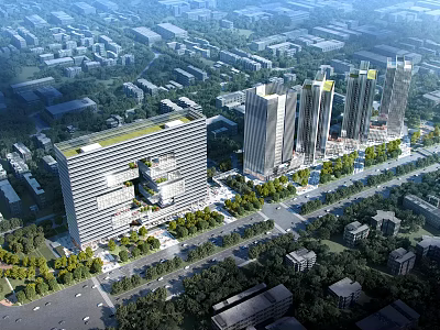 Aerial Planning of Modern Urban District with High Rise Buildings Green Areas and Road Layout 3d model