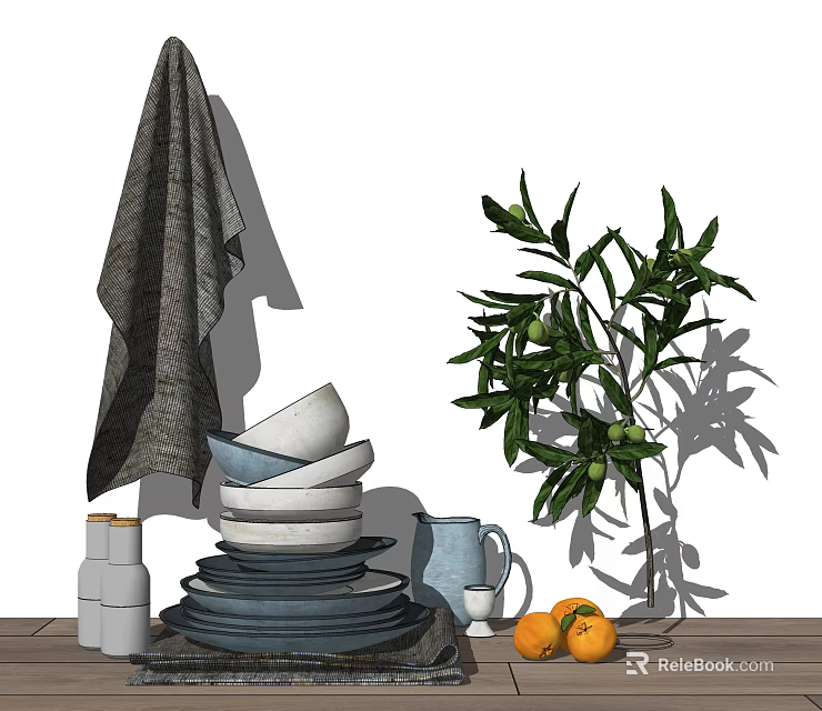 Decorative Ornament Combination With Stacked Plates Bowls Ceramic Pitcher Hanging Cloth Oranges And Leafy Plant 3d model 