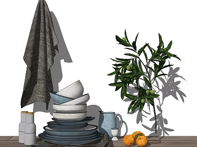 Decorative Ornament Combination With Stacked Plates Bowls Ceramic Pitcher Hanging Cloth Oranges And Leafy Plant 3d model