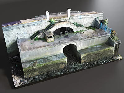 Ancient Stone Waterfront Structure With Arched Openings Steps And Mossy Platform 3d model