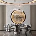 Elegant Modern Restaurant Interior With Round Dining Table Chandelier Circular Art And Vertical Striped Walls