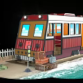 Colorful Beachside Dining Car With White Picket Fence Suitcase Plant And Waves