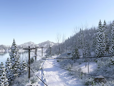 Winter Landscape With Snow Covered Trees Pathway Lake And Distant Mountains Clear Blue Sky 3d model