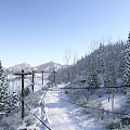 Winter Landscape With Snow Covered Trees Pathway Lake And Distant Mountains Clear Blue Sky