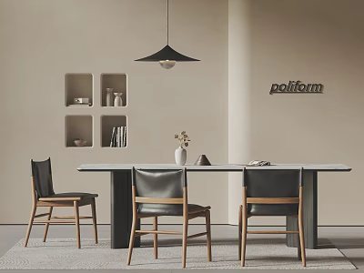 Modern Minimalist Table And Chairs Set With Leather Seats Pendant Light Wall Shelves And Vase 3d model