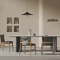 Modern Minimalist Table And Chairs Set With Leather Seats Pendant Light Wall Shelves And Vase