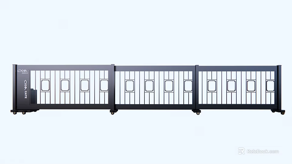 Black Metal Entrance Gate With Automatic Sliding And Square Cutout Design 3d model 