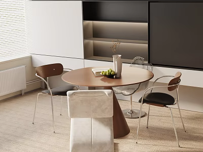 Modern Round Dining Table Set With Brown Chairs Vase Fruits And Metal Legs 3d model