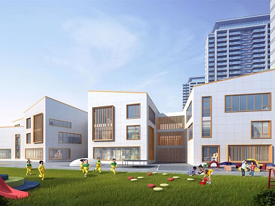 Modern School Building With White Exterior Green Lawn And Children Playing On Playground 3d model