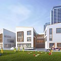 Modern School Building With White Exterior Green Lawn And Children Playing On Playground
