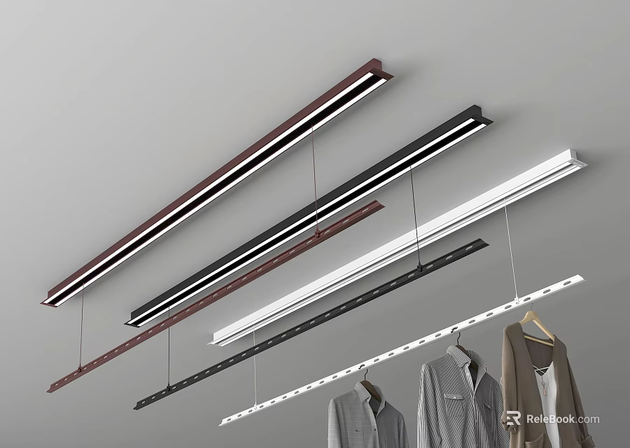 Hanging Clothes Hangers Ceiling Mounted with Various Colors Long Strip Design Holding Shirts and Coats 3d model 