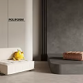 Poliform Modern Interior With White Sofa Yellow Toy And Brown Box On Gray Platform