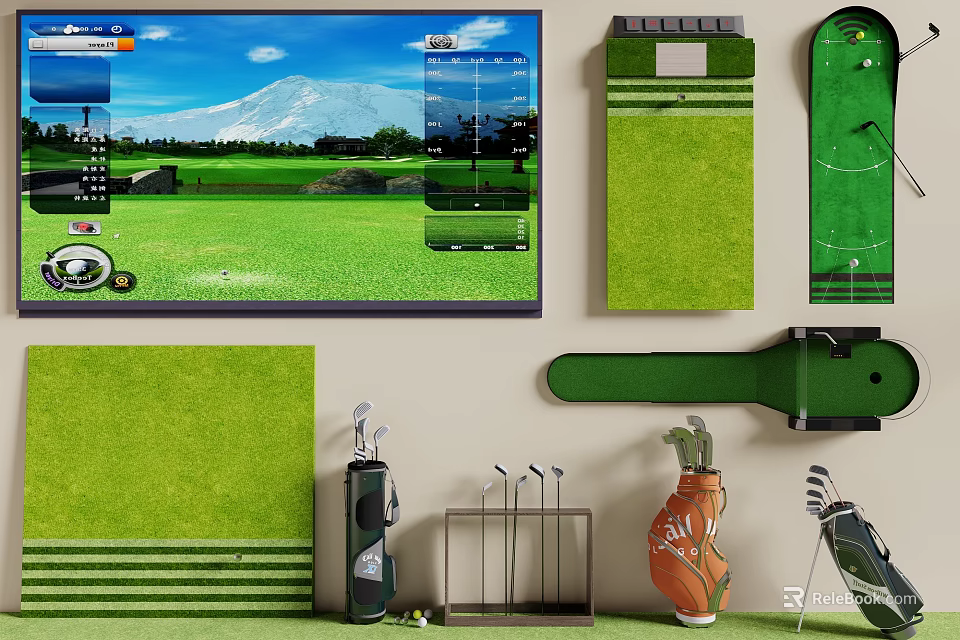 Golf Course Simulator Screen With Green Putting Mats And Golf Clubs 3d model 