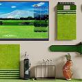 Golf Course Simulator Screen With Green Putting Mats And Golf Clubs