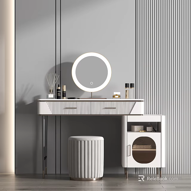Modern White Vanity Table Design With Round Mirror Storage Cabinet And Stool 3d model 