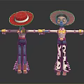 Toy Cowgirl Characters With Red Hats Blue Jeans And Cow Print Pants Arms Outstretched