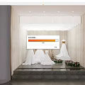Bridal Shop Interior With Wedding Dress Mannequins On Steps Flower Bouquets And Lighting