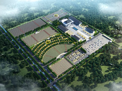 Aerial View Of Industrial Park With Greenery And Buildings 3d model