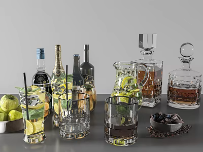 Refreshing Beverage Selection with Cocktail Glasses Assorted Bottles Fresh Fruits and Olives 3d model