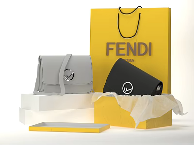 FENDI Yellow Shopping Bag With Gray Small Bag Black Handbag And Yellow Box 3d model